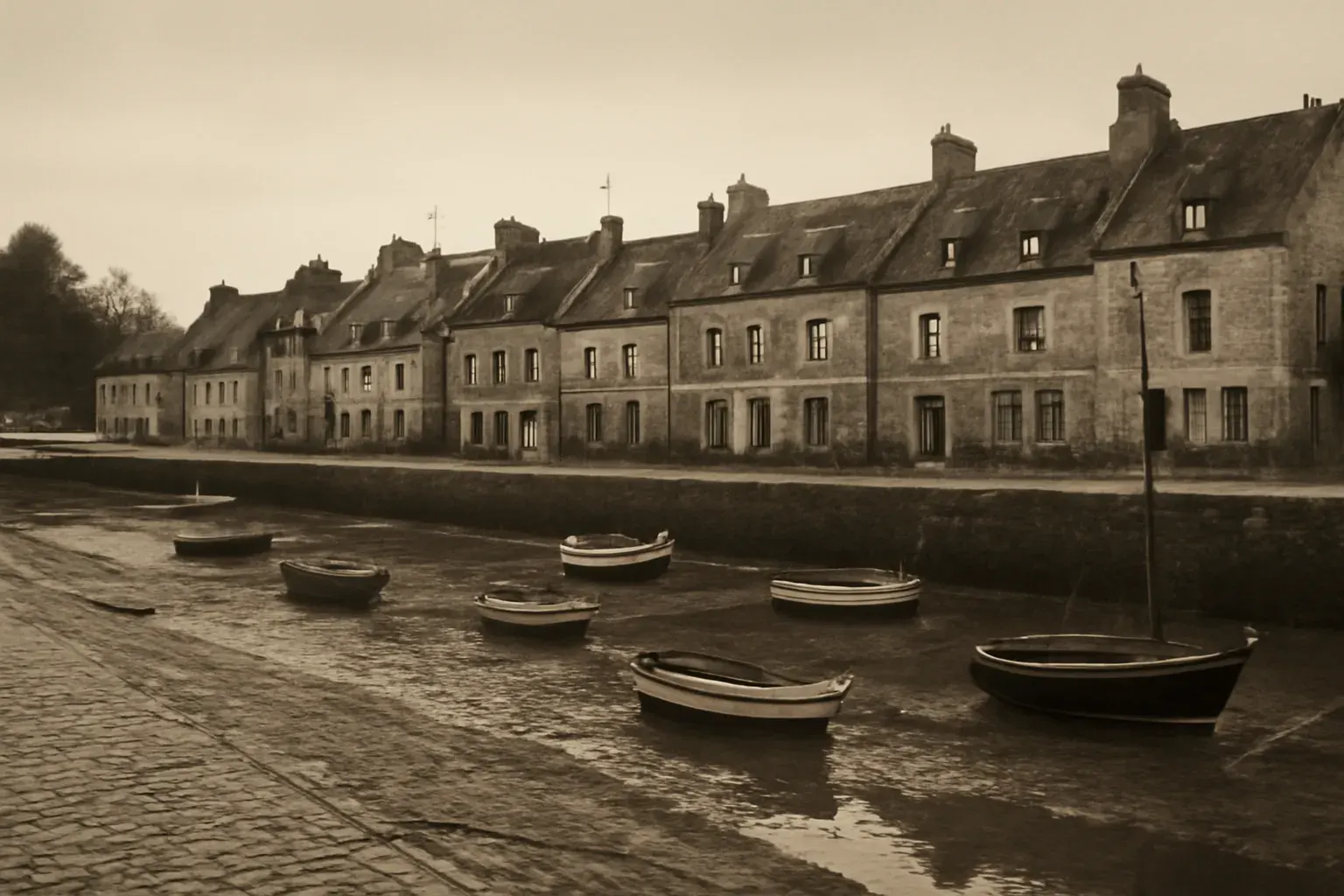 Auray / Saint-Goustan quayside, duotone, off-season and quiet.
