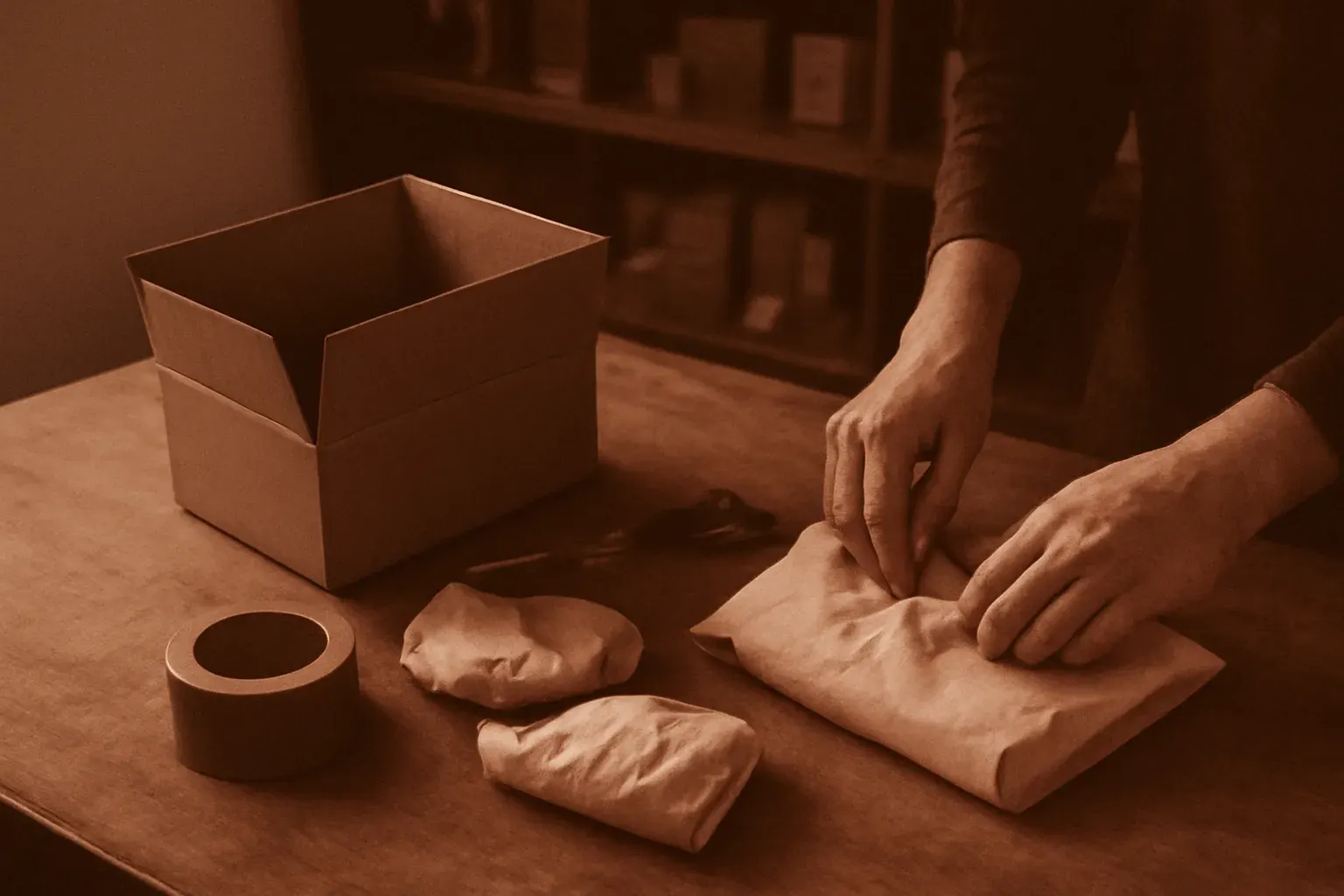 Packing a customer order at an independent shop's workbench.