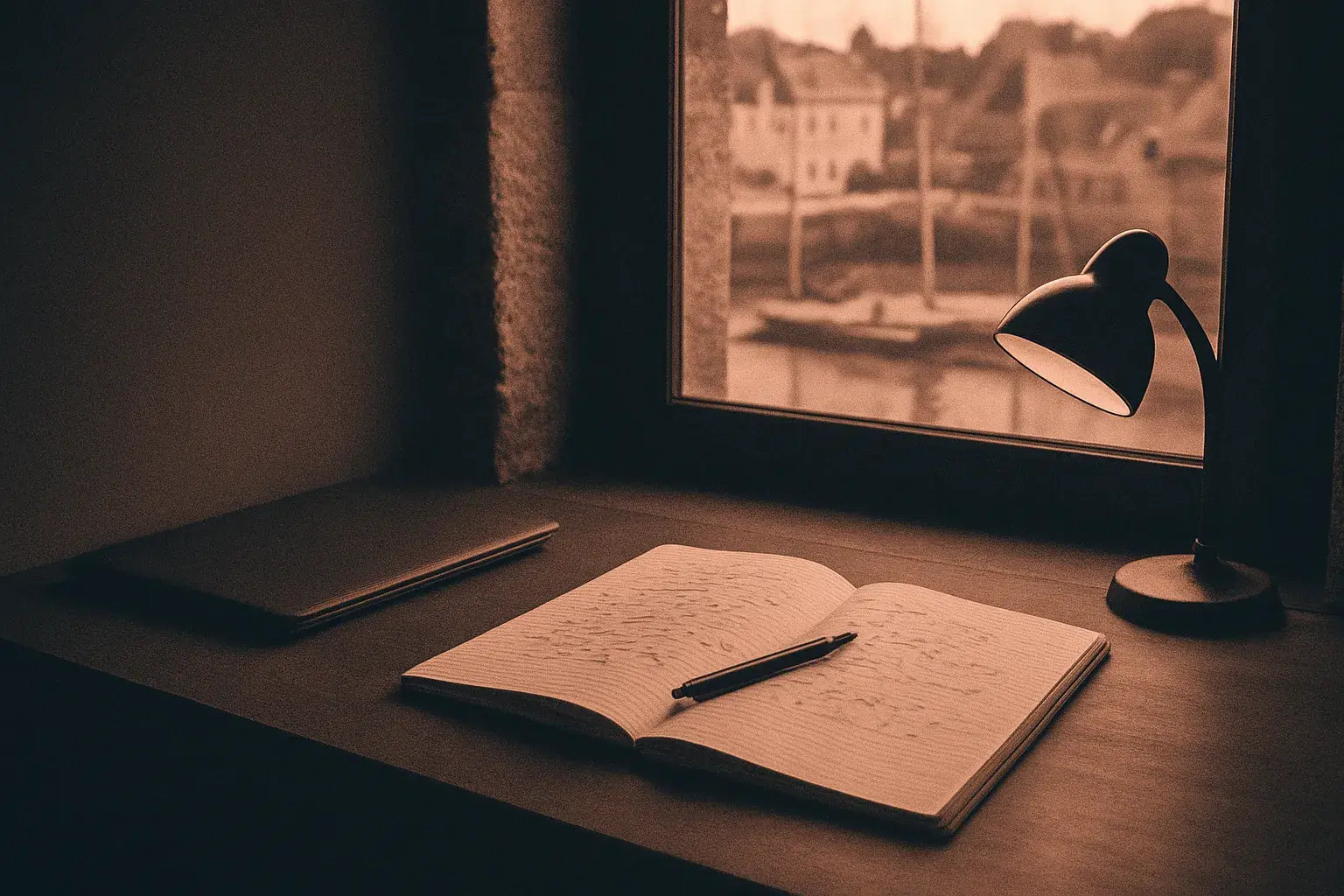 A desk overlooking the Auray waterfront, duotone treatment.