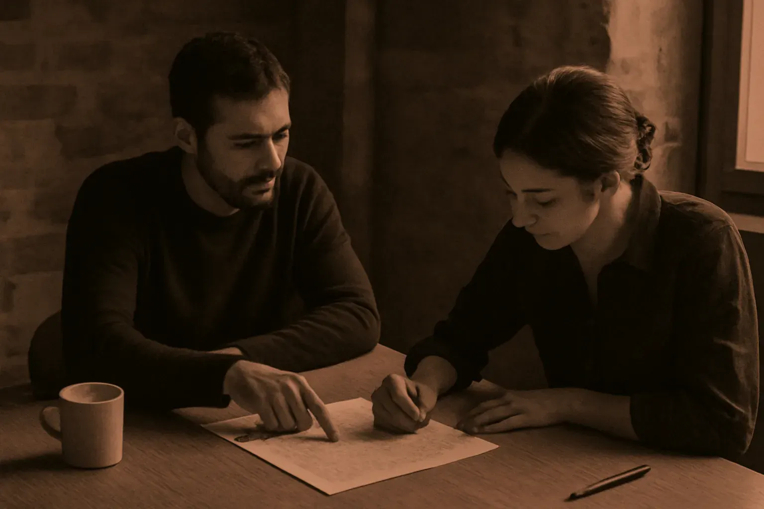 Two people at a table with printed pages.
